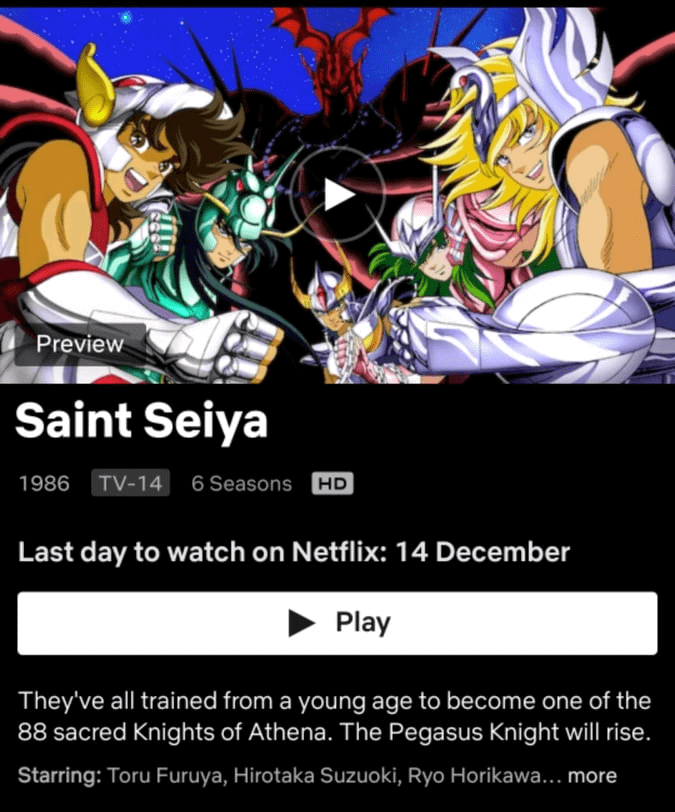 Seasons 1-6 of the 'Saint Seiya' Leaving Netflix in December 2021