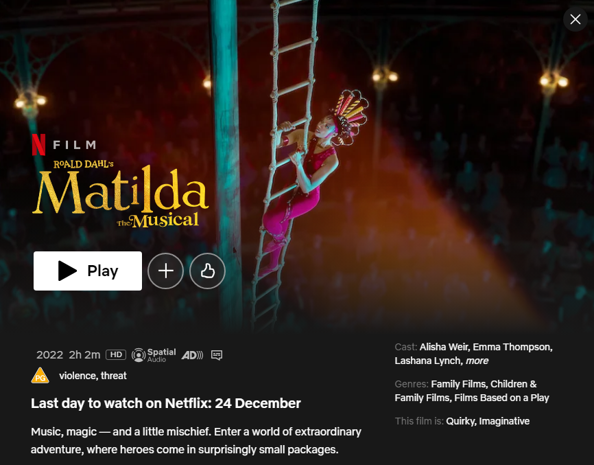 Matilda The Musical Netflix Uk Leaving Date