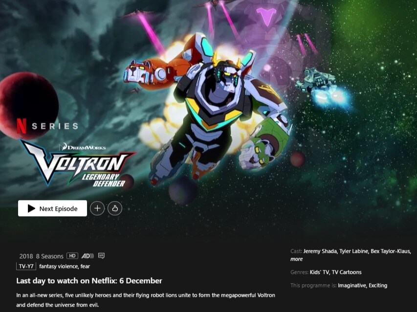 Voltron Removal Notice Within Netflix