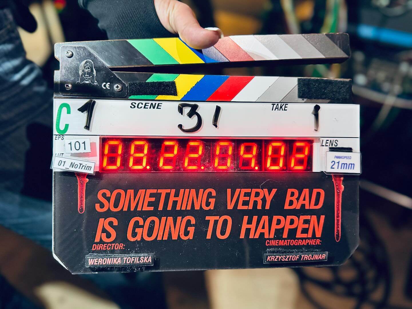 Clapper board for filming sart on Something Very Bad Is Going to Happen